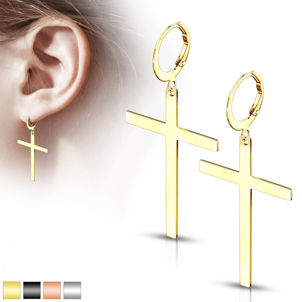 Hinged Hoop Earring with Dangling Cross - Large
