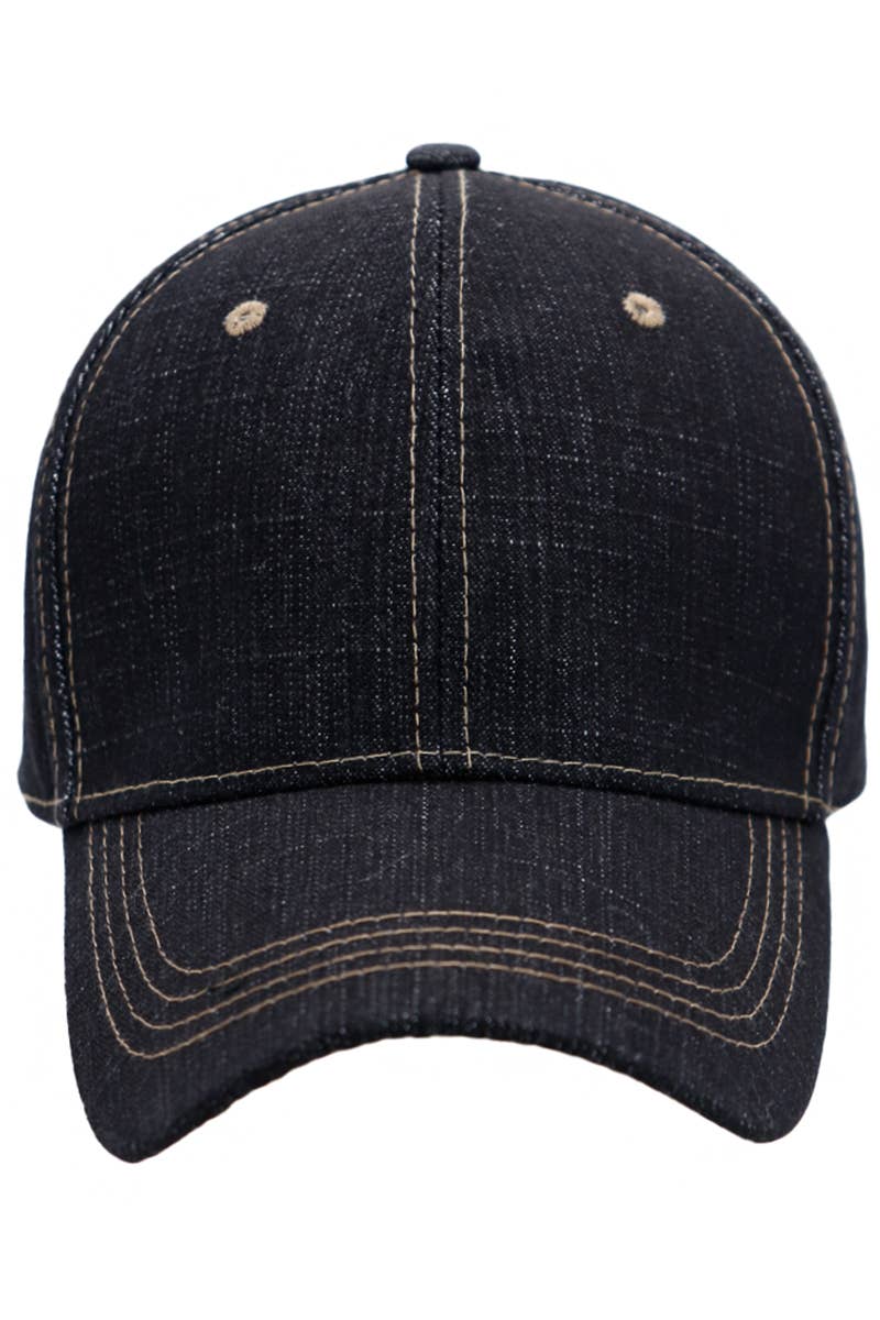Raw Denim Curved Bill Twill Cotton Velcro Back Baseball Cap: Denim Black