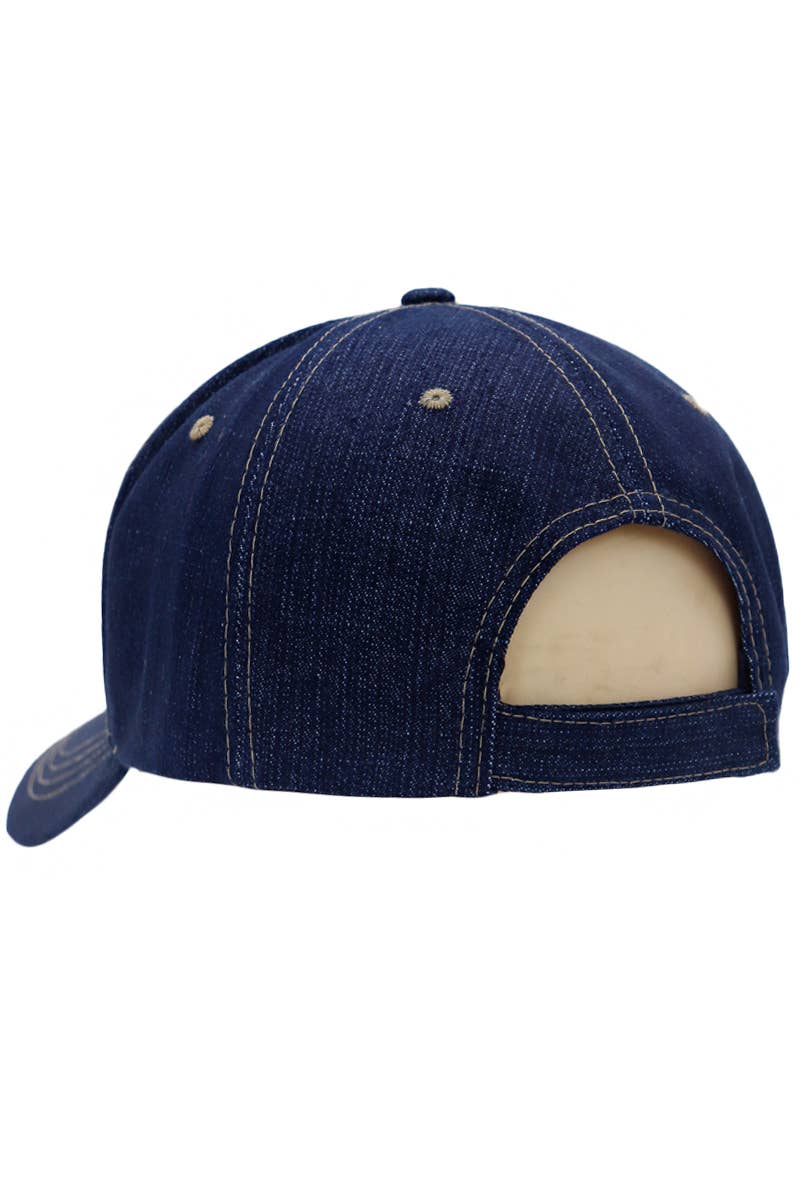 Raw Denim Curved Bill Twill Cotton Velcro Back Baseball Cap: Denim Black
