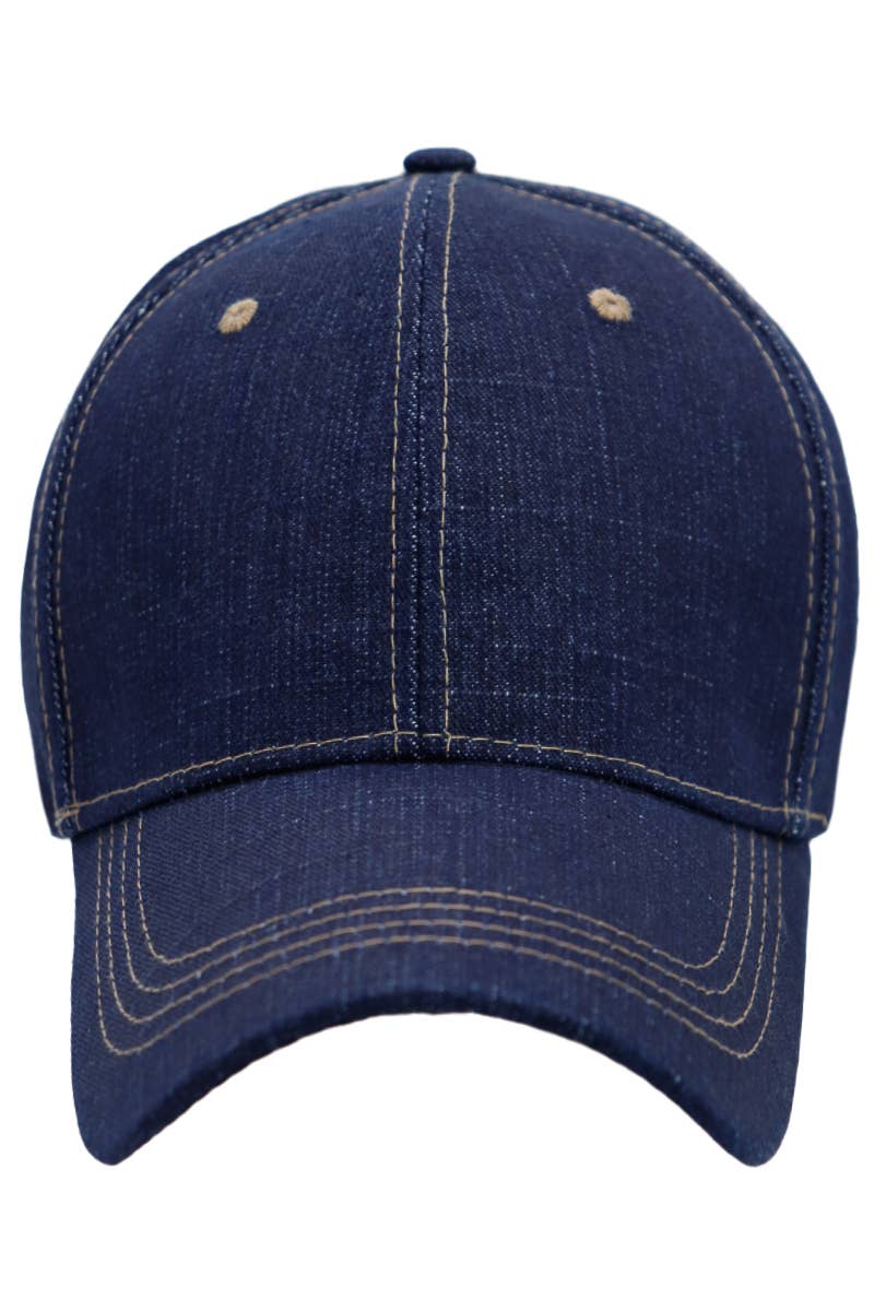 Raw Denim Curved Bill Twill Cotton Velcro Back Baseball Cap: Denim Black