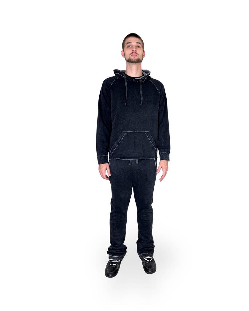 Black Garment Dyed Stacked Flare Sweatsuit: L