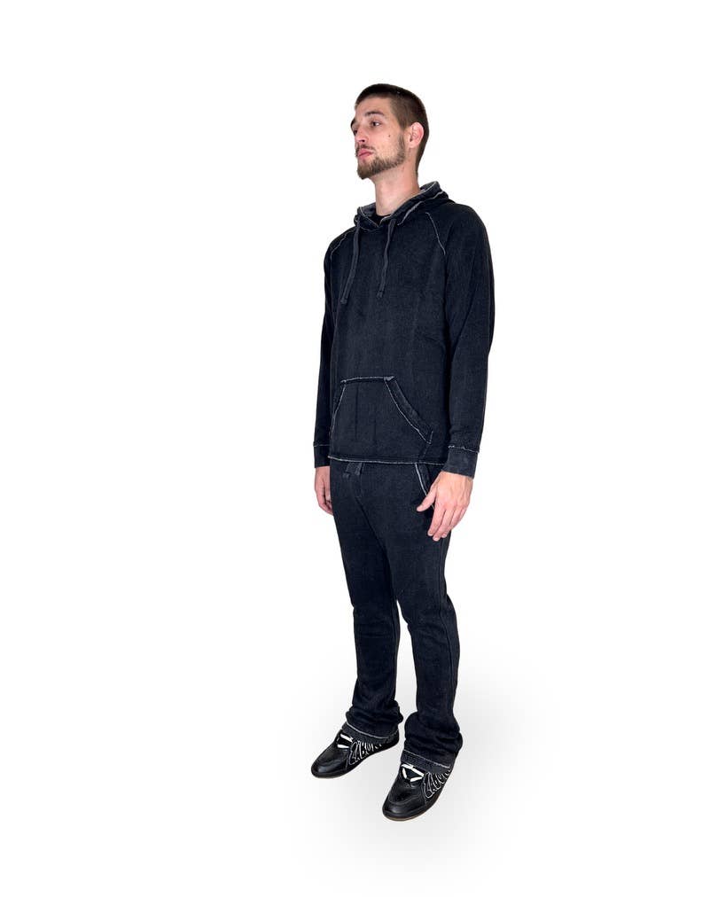 Black Garment Dyed Stacked Flare Sweatsuit: XL