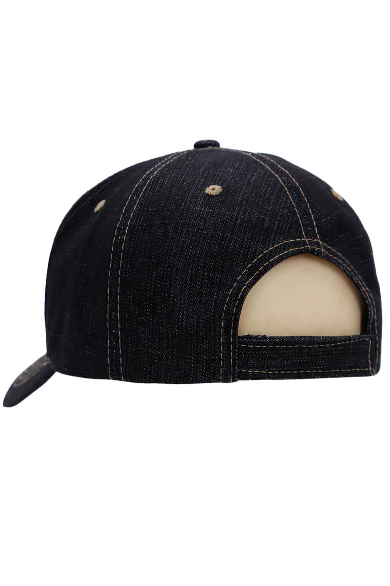 Raw Denim Curved Bill Twill Cotton Velcro Back Baseball Cap: Denim Black