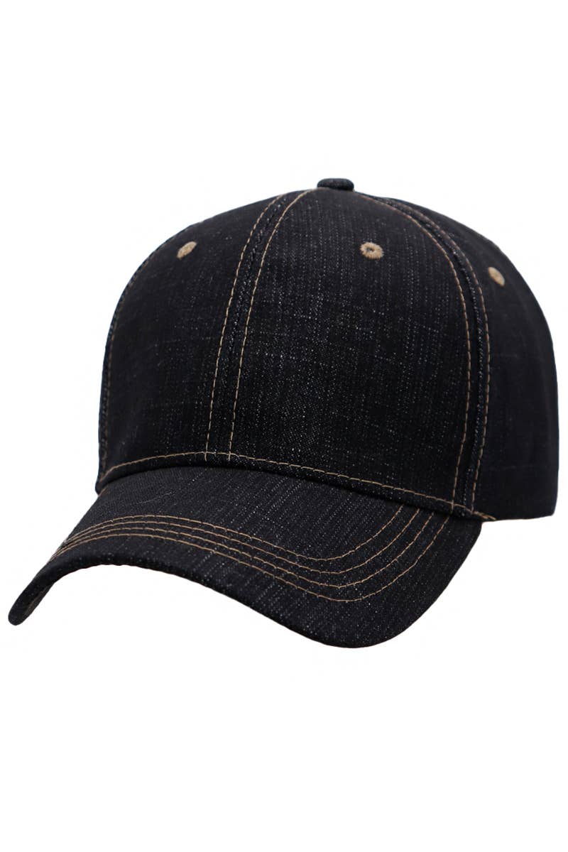 Raw Denim Curved Bill Twill Cotton Velcro Back Baseball Cap: Denim Black