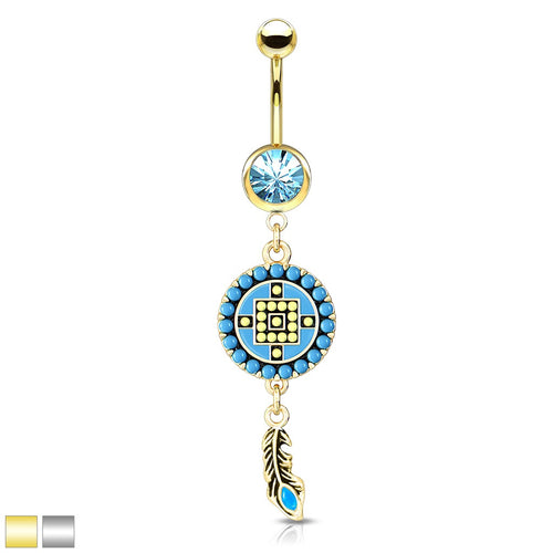 Aztec Turquoise Paved Circle and Feather Belly Ring