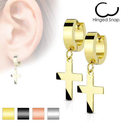 Hinged Hoop Earring with Dangling Cross - Small