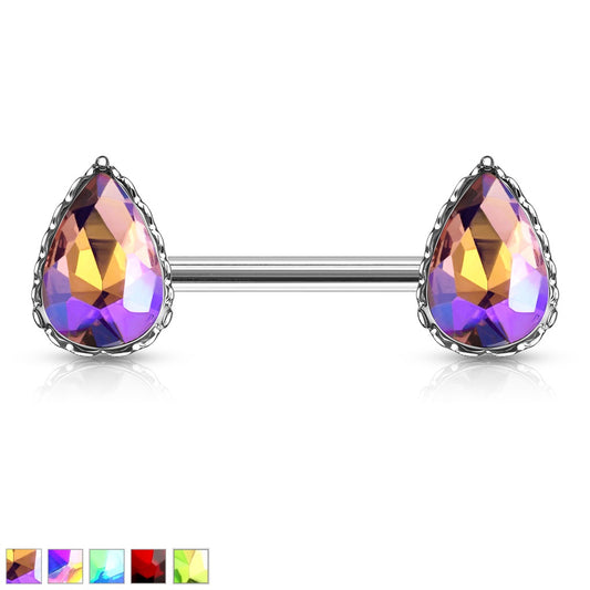 Teardrop Gem with Heart Filigree Nipple Barbell